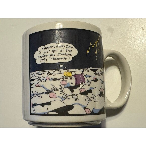 Vintage The Far Side Cows Shower Stampede Funny Aged 1986 Coffee Mug RARE - Picture 1 of 7